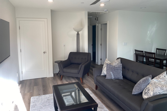 Living Room w/wall mounted TV - Newly built back house with shared yard, in quiet neighborhood. Walking distance from Chapman.