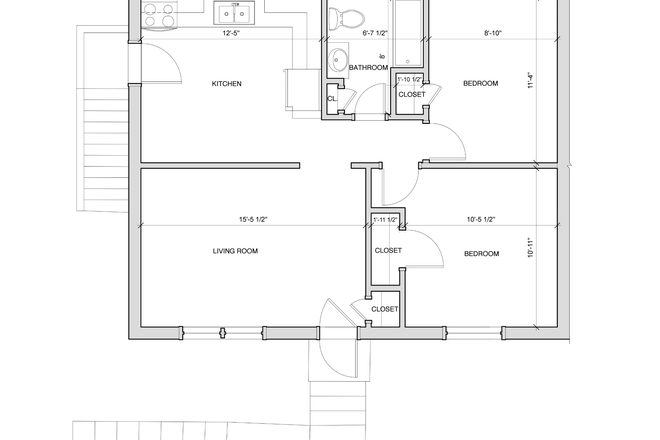 floor plan - 115 Lucas Drive-2-BR, 1 Bath apartment.  Walk to campus or BT stop is 100 yds. away