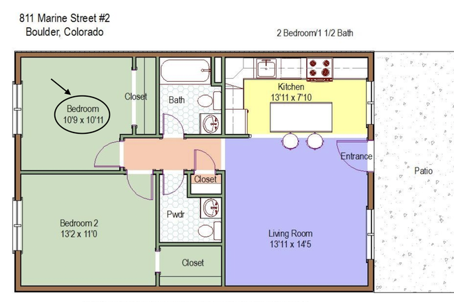 Apt layout with the open bedroom circled. I can show photos of the current inside/decor to people who are serious about moving in. - Mostly furnished 2 bedroom 1.5 bathroom Apt, Unit 6, Close to campus and to Pearl st.