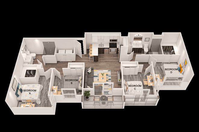 This is an overview of the apartment. You would be in apartment B but it more closely aligns with apt C in this pict (they are the same size - Social 28 (Accross the street from campus and nearby a publix!) Apartments