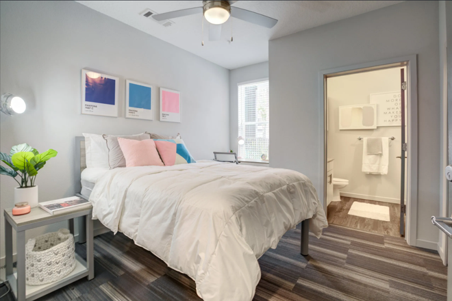 Sample Bedroom (not exact layout; please check 4x4 on the virtual tour and navigate to the room on the right at the end of the hall)) - Private Bed & Bath in Fully Furnished 4x4 — The Lark, Huge Discount Summer Sublet