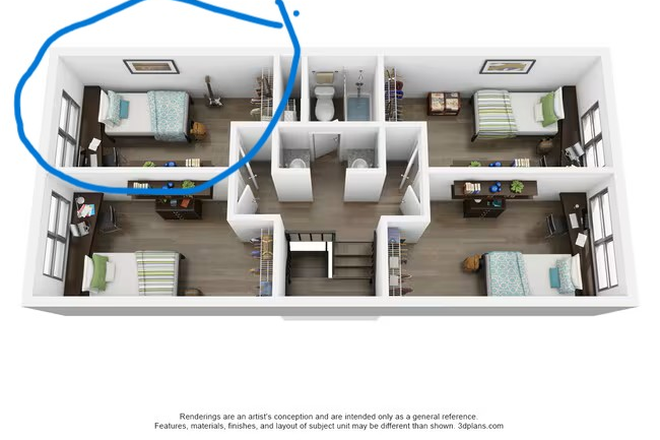 Upper story of apartment (sublease room is circled) - Bedroom sublease in Courtyards Apartments