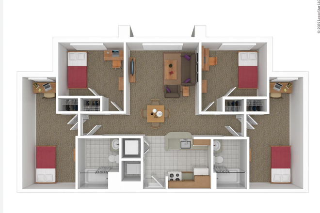 Basic floorplan of the apartment. The bedroom up for lease is the top right - South Campus Commons #4