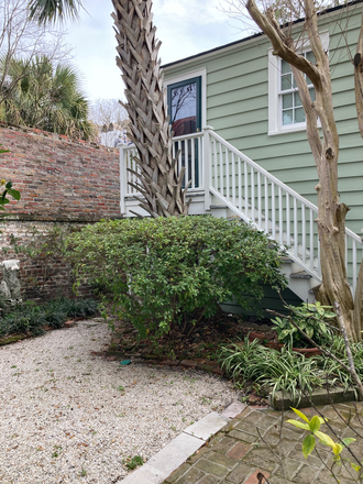 Entrance to Carriage Apartment with palm tree, crepe myrtle and azaleas. - Large Updated Carriage  Studio Apt in Downtown Charleston, walking distance  to MUSC campus