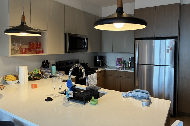 Kitchen: Sink, fridge, dishwasher, 5 stools for counter, oven, microwave, air fryer - Hub Knoxville Apartments