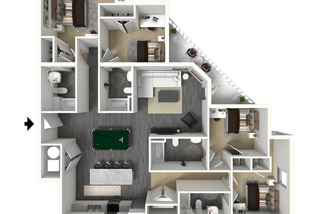 Dawson Floor Plan – 4 bed / 4 bath layout with private bedrooms and bathrooms, shared living space. - The Standard – Bedroom C w/ Private Bath, $1219/mo (Listed at $1572), Walk to UVA Apartments