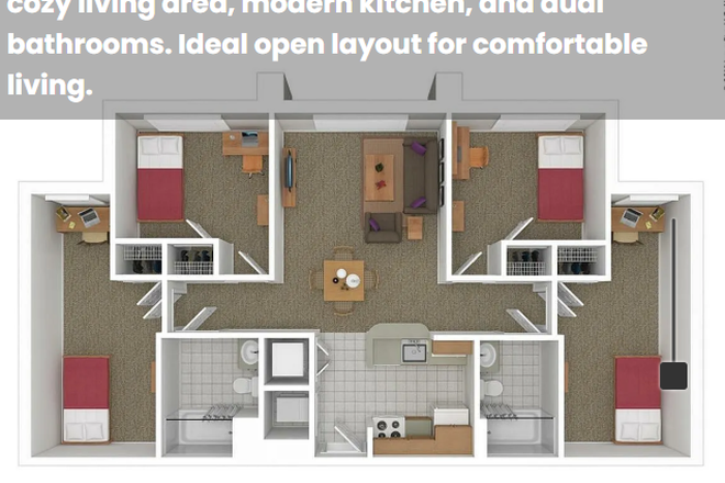 Apt. Layout - Apartment Unit - 2 Open Rooms (South Campus Commons 6)