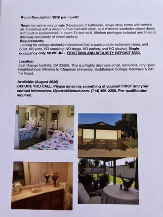 ROOM FOR RENT $850 mo. Single Story Home. Private secluded area! - Room for Rent - Private Home $850 Per Month! Quiet & Secluded for Studying!