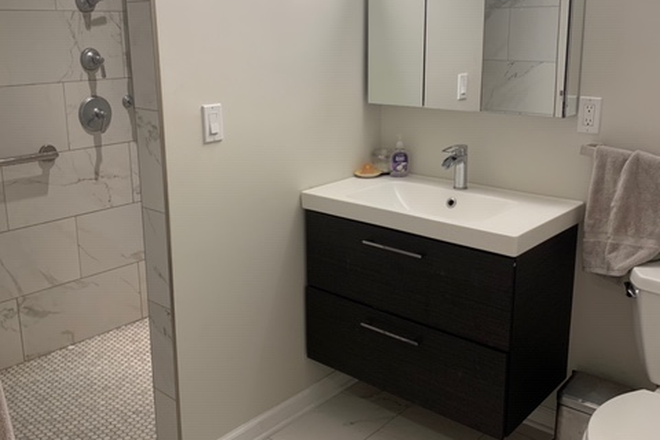 Bathroom and walk-in shower - 1 bedroom available in 2-bedroom 1-bathroom ground floor apartment in Chevy Chase, MD (1200 sq feet)