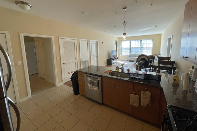 Kitchen with living room in background - Furnished Spacious BR, Private BA, In-unit W/D, Central AC - Summer Sublet Village Lofts Apartment