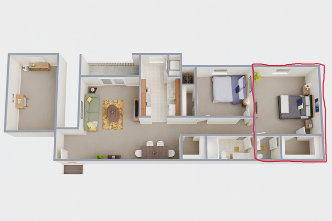 Master room (outlined in red) - The Master Room in a 2 Bedroom w/ Den