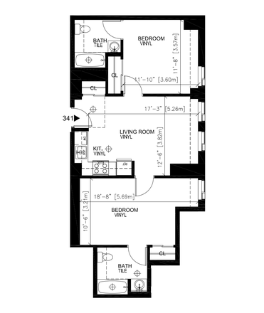 Floor plan of the apartment - 2 bed/2 bath at One Western Ave Apartments