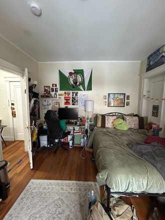 Bedroom entrance, desk, and bed (sheets not included). All decorations will be taken off the wall. - Furnished Summer Bedroom Sublease, Fits 1-2 People