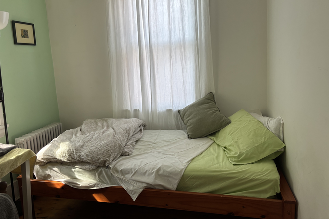 bed, window crumpled sheets - Antrim St + Broadway,  quiet retreat convenient. House