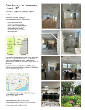Apartment flyer with floor plan - (2 rooms + private bath) in a great home close to MIT!