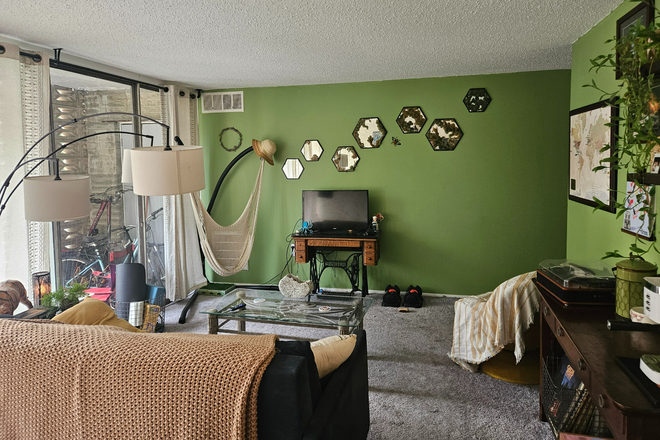 Living room with coffee station - Colorful Furnished 2-Bedroom Apartment Near Campus