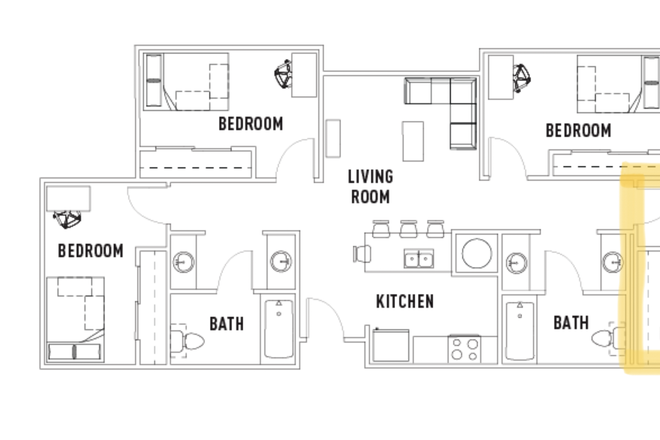 Highlighted area is the bedroom, sharing bathroom with one other person but gets own sink & storage - Plaza Verde Apartment - Summer Sublet