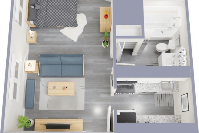 Main room, kitchen, bathroom and closet. - Windsor Hills Apartments