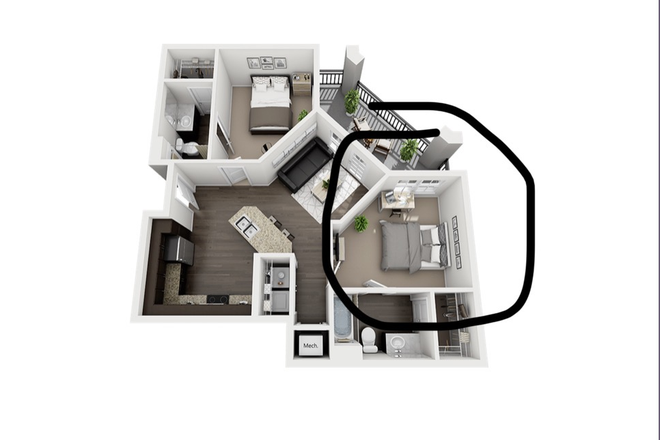 The main door is on the left going straight into the kitchen and the living room. Then to the right is the bedroom and laundry is there too - The Eastern on Tenth (I am student trying to find someone to take over my lease) Apartments