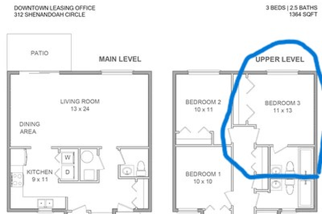 Circled bedroom is master offered - Shenandoah Townhome- 26/27 Lease Takeover for Master Bedroom