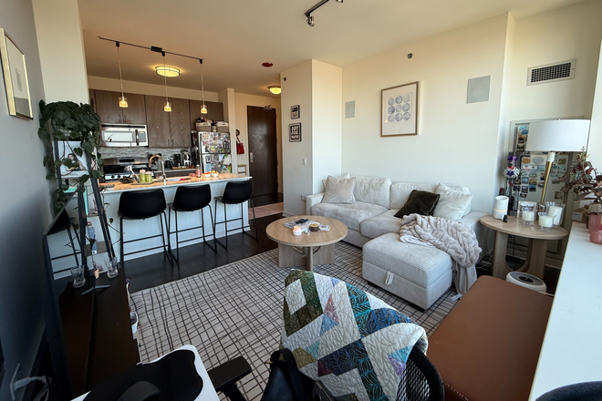 Living space with natural light and bar counters, couch, desk, tv and coffee table - Sunny Summer Sublet in Evanston Apartments
