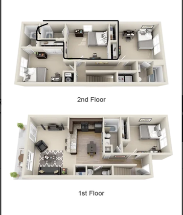 The floor plan, the room circled in black is the room being sublet. - Cottages on Lindberg Duplex