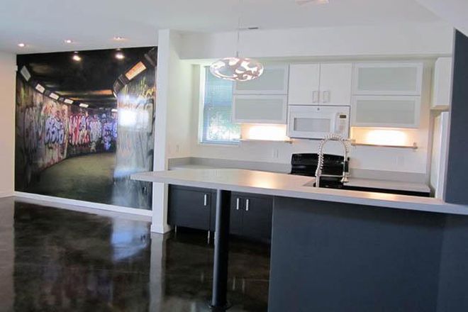 Kitchen and Grafitti Wall - MTV Crib Inspired Interior New Home One Block from Campus