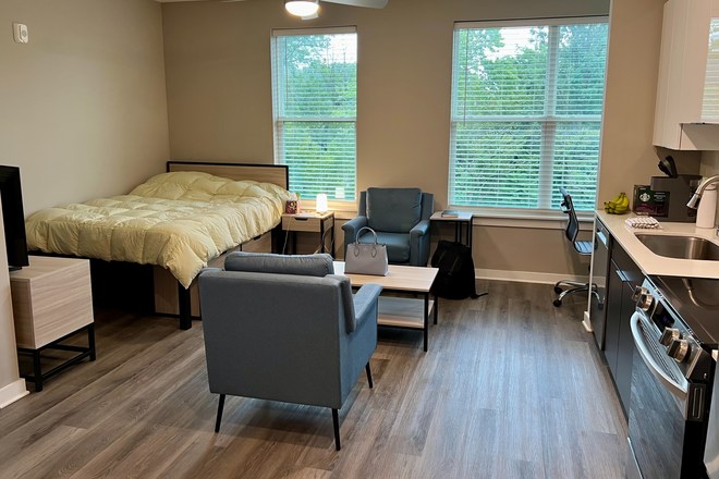 Bedroom and Kitchen; TV - Private Furnished S1 at The Mark | $2,798 Concession | Lease Takeover | Available ASAP