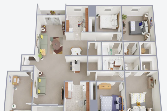 Floorplan includes 5 bedrooms, 2 kitchens, 2 full bathrooms, 2 half-bathrooms, two balconies, and a laundry washer/dryer. - 1 Bedroom Fall 2026 Sublease (Male) at Foxridge