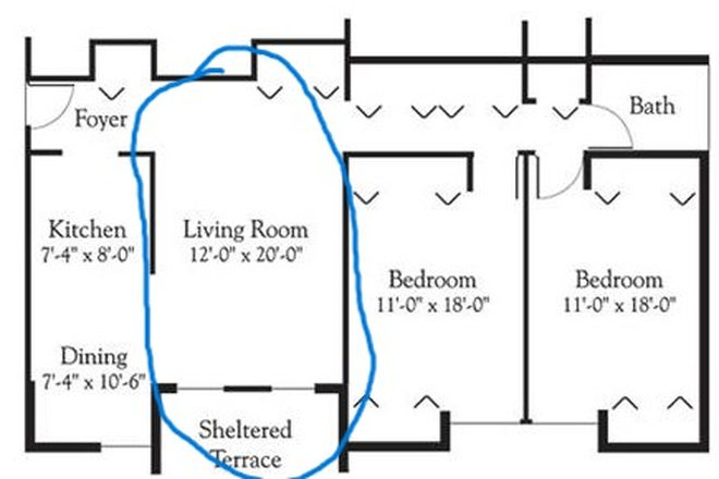 Floorplan. Living room space circled in blue. - Living Room space available at 9 Brandywine Apartments Available Immediately