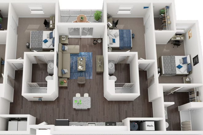 Spacious 4 bed, 4 bath furnished floor plan with private bedroom, private bathroom, shared living area, kitchen, and in-unit washer/dryer. - Park West 4x4 Private Bedroom Available – Individual Lease
