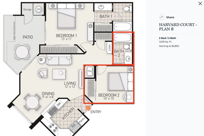 Layout of Unit; highlighted in red is the private bedroom and bathroom - Harvard Court