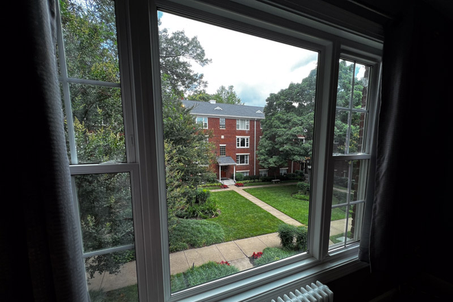 View of courtyard from living room - 2 BR/1 BA Furnished Near Rosslyn and Key Bridge - end unit in garden apts