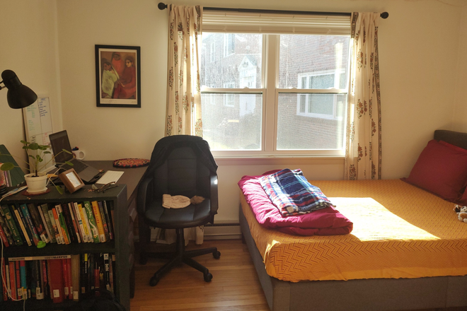 Bedroom (old setup), full sized bed, lots of floorspace + shelving - Summer sublet in downtown Amherst Apartments