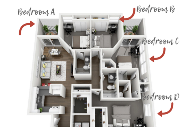 Layout of unit. Bedroom B has detached bathroom and access to shared balcony with bedroom C. - On50 Apartments