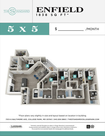 Apartment Floor Plan (Room D) - Spring Semester bedroom at the Standard College Park (3 other bedrooms available in same unit)