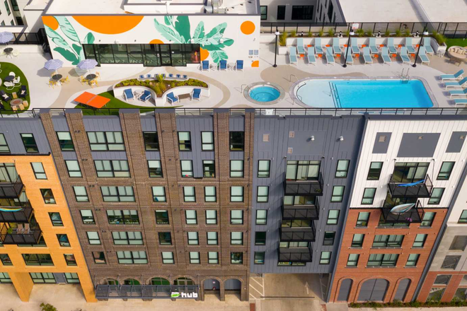 Aerial view of communal roof deck faciltieis - amazing sun rise and sun set - SUMMER Relet + Renew option_ Minutes from Campus_Fully Equipped Studio Apartments