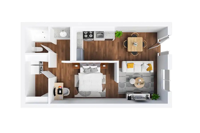 Floor plan showing bedroom, closet, bathroom, kitchen, and living room - The Lodge Apartment