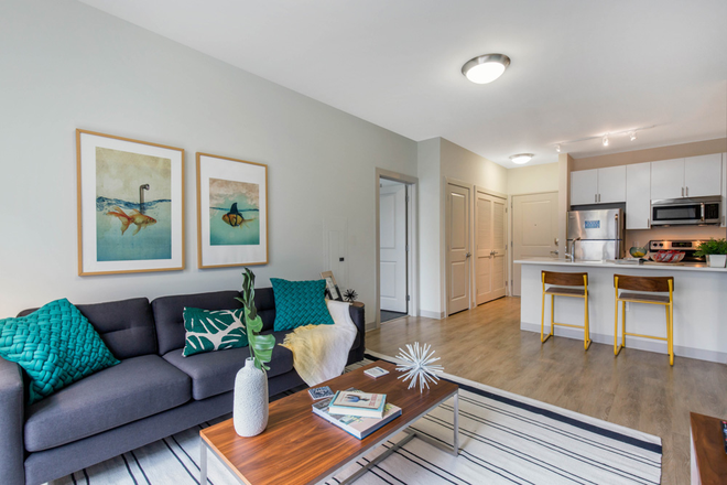Representative living and kitchen area at Landmark College Park. - Landmark Apartments