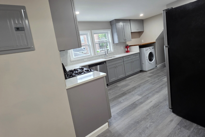 View of shared kitchen/laundry from apartment entrance - 16 Long Ave