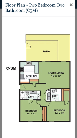 floorplan of the apartment - 1b1b available in a 2b2b at Remington Court apartments close to campus