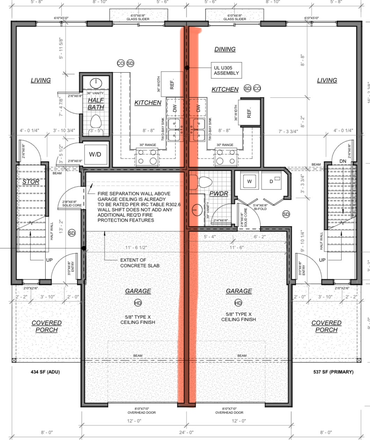 First floor - red line is wall dividing homes. Each side has powder room and W/D - New Construction For Rent! Minutes from Campus at Cushman Village Duplex