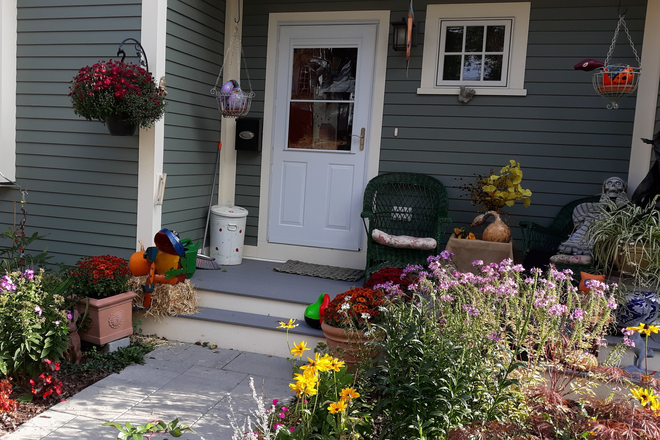 Front door - Charming new house with rose garden in front and patio in back, close to campus