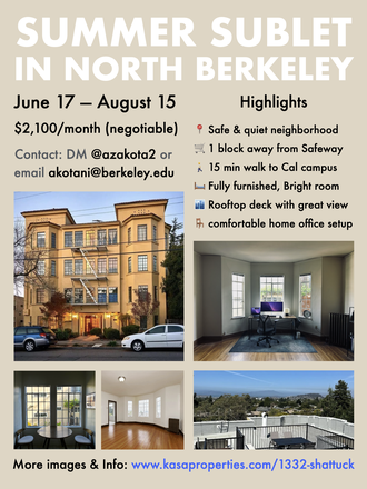 Flyer - [Summer Sublet] Safe & Quiet Studio in North Berkeley