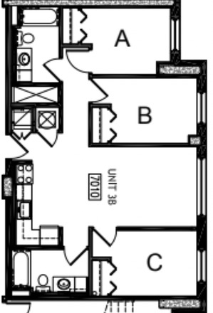 Floor plan for unit — available room is Bedroom B. - South Campus Commons 7 | Room Available Spring & Summer 2027 | UMD Student Female