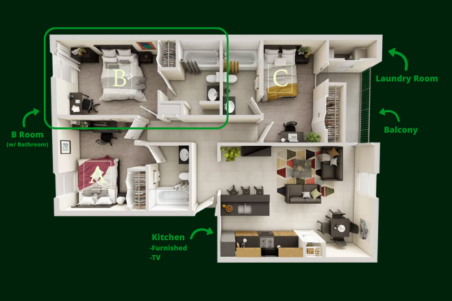 Floorplan, Room B (Biggest in the unit) - College Town at USF - Dean's List Apartment - Room B