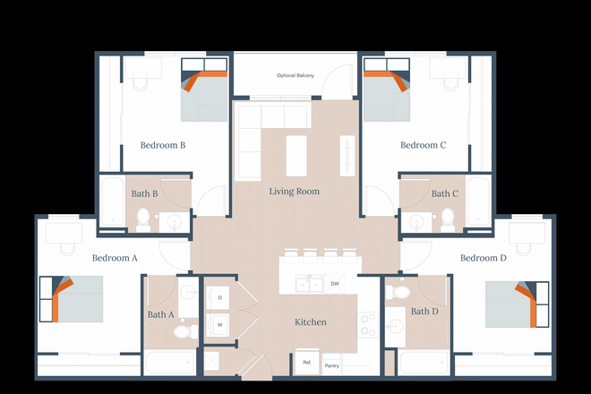 Floorplan - Bedroom A in Apratment 206 - Discounted Spring Sublet - Bixby on College Apartments