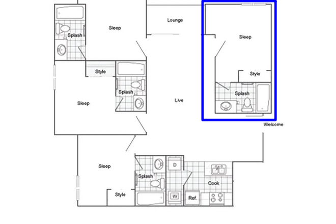 Floorplan with listed unit outlined - Room Availible to Sublet at The Social, Near USF