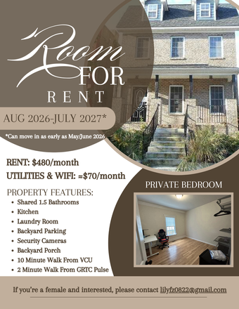 Flyer - Private Room Close To VCU Campus