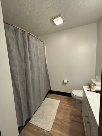 Common bathroom with full shower/bath basin, cabinet storage, and fan. - Yugo River West 2 Bed 1.5 Bath Loft, Summer Rental